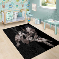 Hawaii Aloha Turtle Hibiscus and Leaves Area Rug with Polynesian and Kakau Tattoos Black Color LT03 - Polynesian Pride