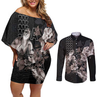 Hawaii Aloha Turtle Hibiscus and Leaves Couples Matching Off Shoulder Short Dress and Long Sleeve Button Shirt with Polynesian and Kakau Tattoos Black Color - Polynesian Pride