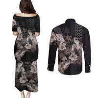 Hawaii Aloha Turtle Hibiscus and Leaves Couples Matching Puletasi and Long Sleeve Button Shirt with Polynesian and Kakau Tattoos Black Color LT03 - Polynesian Pride