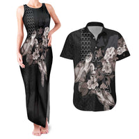 Hawaii Aloha Turtle Hibiscus and Leaves Couples Matching Tank Maxi Dress and Hawaiian Shirt with Polynesian and Kakau Tattoos Black Color - Polynesian Pride