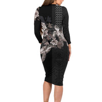Hawaii Aloha Turtle Hibiscus and Leaves Family Matching Long Sleeve Bodycon Dress and Hawaiian Shirt with Polynesian and Kakau Tattoos Black Color LT03 - Polynesian Pride