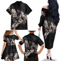 Hawaii Aloha Turtle Hibiscus and Leaves Family Matching Off The Shoulder Long Sleeve Dress and Hawaiian Shirt with Polynesian and Kakau Tattoos Black Color - Polynesian Pride