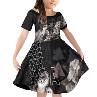 Hawaii Aloha Turtle Hibiscus and Leaves Family Matching Off Shoulder Short Dress and Hawaiian Shirt with Polynesian and Kakau Tattoos Black Color LT03 Daughter's Dress Black - Polynesian Pride
