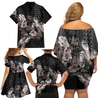 Hawaii Aloha Turtle Hibiscus and Leaves Family Matching Off Shoulder Short Dress and Hawaiian Shirt with Polynesian and Kakau Tattoos Black Color LT03 - Polynesian Pride
