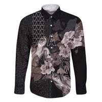 Hawaii Aloha Turtle Hibiscus and Leaves Family Matching Tank Maxi Dress and Hawaiian Shirt with Polynesian and Kakau Tattoos Black Color LT03 Dad's Shirt - Long Sleeve Black - Polynesian Pride