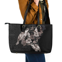 Hawaii Aloha Turtle Hibiscus and Leaves Leather Tote Bag with Polynesian and Kakau Tattoos Black Color LT03 - Polynesian Pride