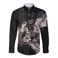 Hawaii Aloha Turtle Hibiscus and Leaves Long Sleeve Button Shirt with Polynesian and Kakau Tattoos Black Color LT03 Unisex Black - Polynesian Pride