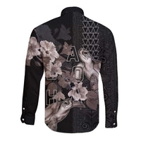 Hawaii Aloha Turtle Hibiscus and Leaves Long Sleeve Button Shirt with Polynesian and Kakau Tattoos Black Color LT03 - Polynesian Pride