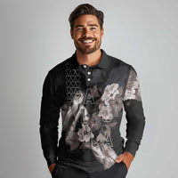 Hawaii Aloha Turtle Hibiscus and Leaves Long Sleeve Polo Shirt with Polynesian and Kakau Tattoos Black Color LT03 - Polynesian Pride