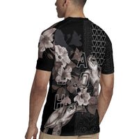 Hawaii Aloha Turtle Hibiscus and Leaves Rugby Jersey with Polynesian and Kakau Tattoos Black Color LT03 - Polynesian Pride
