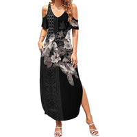 Hawaii Aloha Turtle Hibiscus and Leaves Summer Maxi Dress with Polynesian and Kakau Tattoos Black Color LT03 Women Black - Polynesian Pride