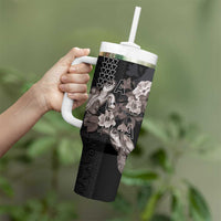 Hawaii Aloha Turtle Hibiscus and Leaves Tumbler With Handle with Polynesian and Kakau Tattoos Black Color LT03 - Polynesian Pride