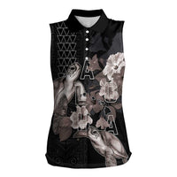 Hawaii Aloha Turtle Hibiscus and Leaves Women Sleeveless Polo Shirt with Polynesian and Kakau Tattoos Black Color LT03 Female Black - Polynesian Pride