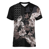 Hawaii Aloha Turtle Hibiscus and Leaves Women V-Neck T-Shirt with Polynesian and Kakau Tattoos Black Color LT03 Female Black - Polynesian Pride