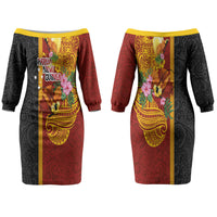 Papua New Guinea Independence Day Couples Matching Off The Shoulder Long Sleeve Dress and Hawaiian Shirt Birds-of-Paradise Melanesian Tattoos Tropical Plants