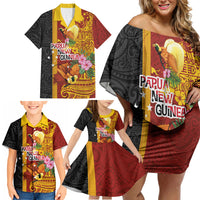 Papua New Guinea Independence Day Family Matching Off Shoulder Short Dress and Hawaiian Shirt Birds-of-Paradise Melanesian Tattoos Tropical Plants