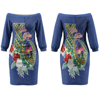 Guam Chamorro Family Matching Off The Shoulder Long Sleeve Dress and Hawaiian Shirt Tribal Latte Stone and Seal Artwork Polynesian Patterns