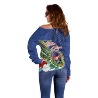 Guam Chamorro Off Shoulder Sweater Tribal Latte Stone and Seal Artwork Polynesian Patterns