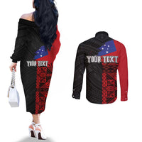 Personalised Samoa 685 Couples Matching Off The Shoulder Long Sleeve Dress and Long Sleeve Button Shirt Siapo Pattern and Samoa Flag Design
