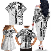 Samoa 685 Art Traditional Tattoo Pattern Family Matching Off The Shoulder Long Sleeve Dress and Hawaiian Shirt White Color LT03 - Polynesian Pride