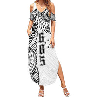 Samoa 685 Art Traditional Tattoo Pattern Family Matching Summer Maxi Dress and Hawaiian Shirt White Color LT03 Mom's Dress White - Polynesian Pride