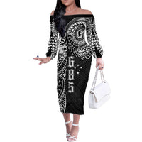 Samoa 685 Art Traditional Tattoo Pattern Family Matching Off The Shoulder Long Sleeve Dress and Hawaiian Shirt Black Color LT03 Mom's Dress Black - Polynesian Pride