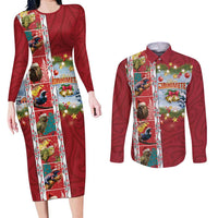 New Zealand Merry Christmas Couples Matching Long Sleeve Bodycon Dress and Long Sleeve Button Shirt Maori Animals, Koru Tattoo - Red Xmas Style LT03 Red - Polynesian Pride