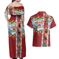 New Zealand Merry Christmas Couples Matching Off Shoulder Maxi Dress and Hawaiian Shirt Maori Animals, Koru Tattoo - Red Xmas Style LT03 - Polynesian Pride