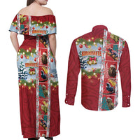 New Zealand Merry Christmas Couples Matching Off Shoulder Maxi Dress and Long Sleeve Button Shirt Maori Animals, Koru Tattoo - Red Xmas Style LT03 - Polynesian Pride