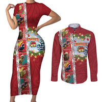 New Zealand Merry Christmas Couples Matching Short Sleeve Bodycon Dress and Long Sleeve Button Shirt Maori Animals, Koru Tattoo - Red Xmas Style LT03 Red - Polynesian Pride