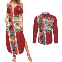 New Zealand Merry Christmas Couples Matching Summer Maxi Dress and Long Sleeve Button Shirt Maori Animals, Koru Tattoo - Red Xmas Style LT03 Red - Polynesian Pride