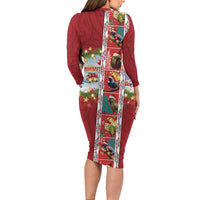 New Zealand Merry Christmas Long Sleeve Bodycon Dress Maori Animals, Koru Tattoo - Red Xmas Style LT03 - Polynesian Pride