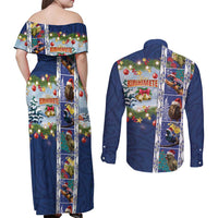 New Zealand Merry Christmas Couples Matching Off Shoulder Maxi Dress and Long Sleeve Button Shirt Maori Animals, Koru Tattoo - Blue Xmas Style LT03 - Polynesian Pride