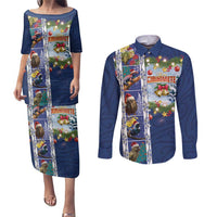 New Zealand Merry Christmas Couples Matching Puletasi and Long Sleeve Button Shirt Maori Animals, Koru Tattoo - Blue Xmas Style LT03 Blue - Polynesian Pride