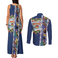 New Zealand Merry Christmas Couples Matching Tank Maxi Dress and Long Sleeve Button Shirt Maori Animals, Koru Tattoo - Blue Xmas Style LT03 - Polynesian Pride