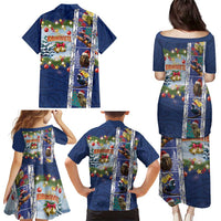 New Zealand Merry Christmas Family Matching Puletasi and Hawaiian Shirt Maori Animals, Koru Tattoo - Blue Xmas Style LT03 - Polynesian Pride