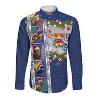 New Zealand Merry Christmas Long Sleeve Button Shirt Maori Animals, Koru Tattoo - Blue Xmas Style LT03 Unisex Blue - Polynesian Pride