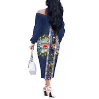 New Zealand Merry Christmas Off The Shoulder Long Sleeve Dress Maori Animals, Koru Tattoo - Blue Xmas Style LT03 - Polynesian Pride