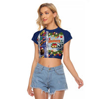 New Zealand Merry Christmas Raglan Cropped T Shirt Maori Animals, Koru Tattoo - Blue Xmas Style LT03 Female Blue - Polynesian Pride