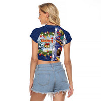 New Zealand Merry Christmas Raglan Cropped T Shirt Maori Animals, Koru Tattoo - Blue Xmas Style LT03 - Polynesian Pride