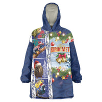 New Zealand Merry Christmas Wearable Blanket Hoodie Maori Animals, Koru Tattoo - Blue Xmas Style LT03 One Size Blue - Polynesian Pride