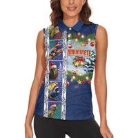 New Zealand Merry Christmas Women Sleeveless Polo Shirt Maori Animals, Koru Tattoo - Blue Xmas Style LT03 - Polynesian Pride