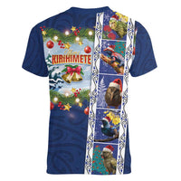 New Zealand Merry Christmas Women V-Neck T-Shirt Maori Animals, Koru Tattoo - Blue Xmas Style LT03 - Polynesian Pride