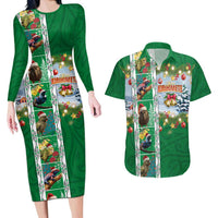 New Zealand Merry Christmas Couples Matching Long Sleeve Bodycon Dress and Hawaiian Shirt Maori Animals, Koru Tattoo - Green Xmas Style LT03 Green - Polynesian Pride