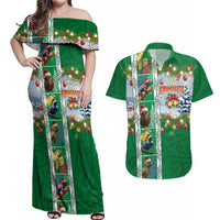 New Zealand Merry Christmas Couples Matching Off Shoulder Maxi Dress and Hawaiian Shirt Maori Animals, Koru Tattoo - Green Xmas Style LT03 Green - Polynesian Pride