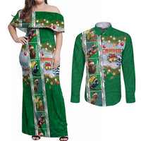 New Zealand Merry Christmas Couples Matching Off Shoulder Maxi Dress and Long Sleeve Button Shirt Maori Animals, Koru Tattoo - Green Xmas Style LT03 Green - Polynesian Pride