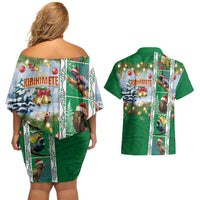 New Zealand Merry Christmas Couples Matching Off Shoulder Short Dress and Hawaiian Shirt Maori Animals, Koru Tattoo - Green Xmas Style LT03 - Polynesian Pride