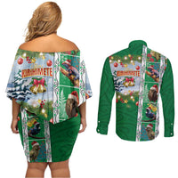 New Zealand Merry Christmas Couples Matching Off Shoulder Short Dress and Long Sleeve Button Shirt Maori Animals, Koru Tattoo - Green Xmas Style LT03 - Polynesian Pride