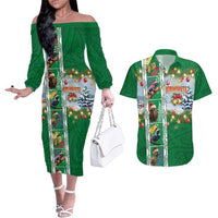 New Zealand Merry Christmas Couples Matching Off The Shoulder Long Sleeve Dress and Hawaiian Shirt Maori Animals, Koru Tattoo - Green Xmas Style LT03 Green - Polynesian Pride