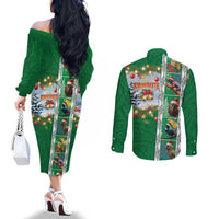 New Zealand Merry Christmas Couples Matching Off The Shoulder Long Sleeve Dress and Long Sleeve Button Shirt Maori Animals, Koru Tattoo - Green Xmas Style LT03 - Polynesian Pride